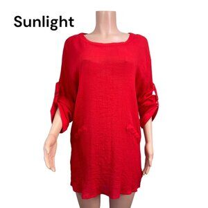 Umgee Women SZ M- Red Woven Knit Top Tunic Pullover Roll Tap Sleeve Faux Pockets